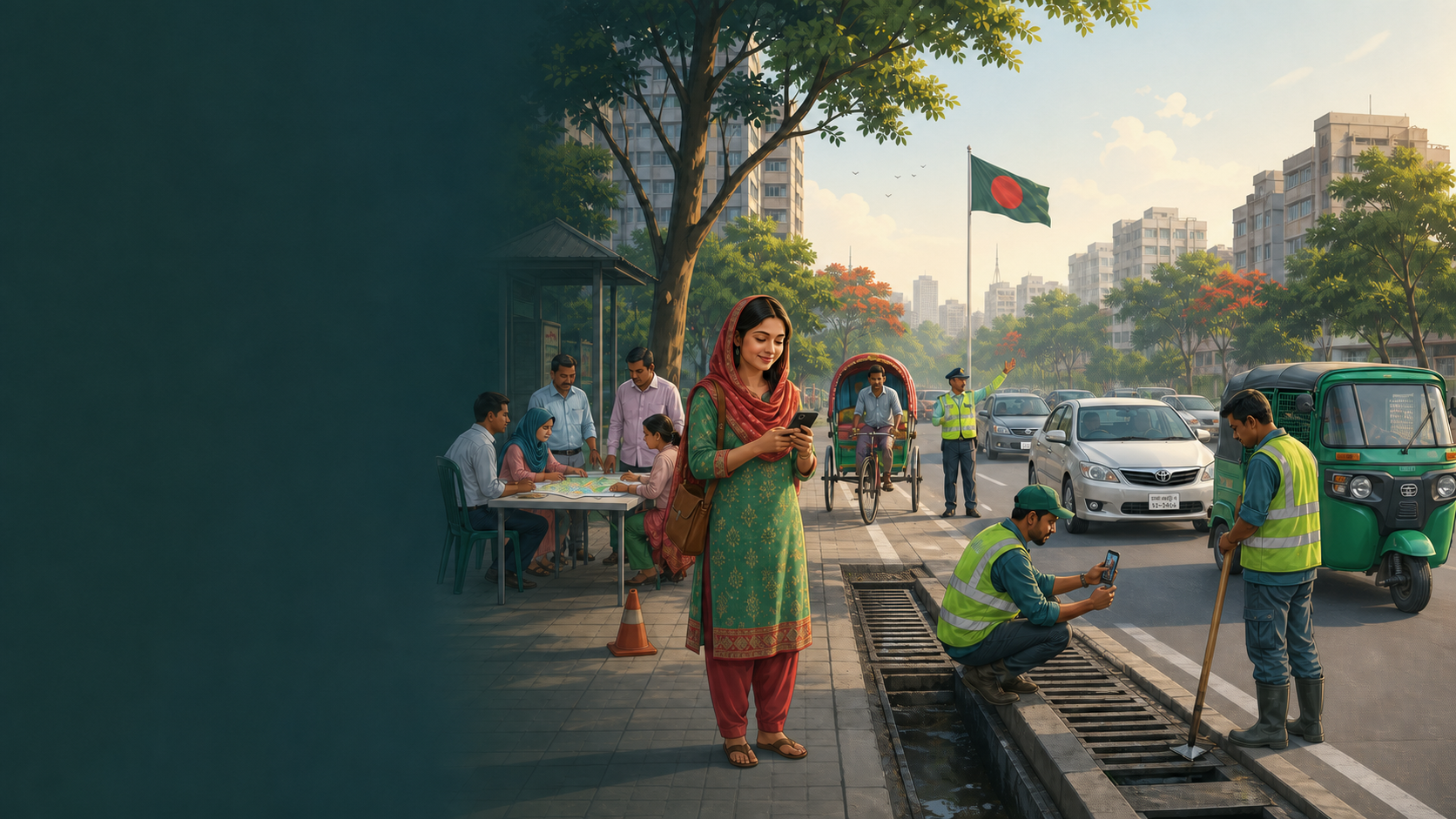 Representative Bangladesh public-service scene with a resident, rickshaw, field team and Bangladesh flag