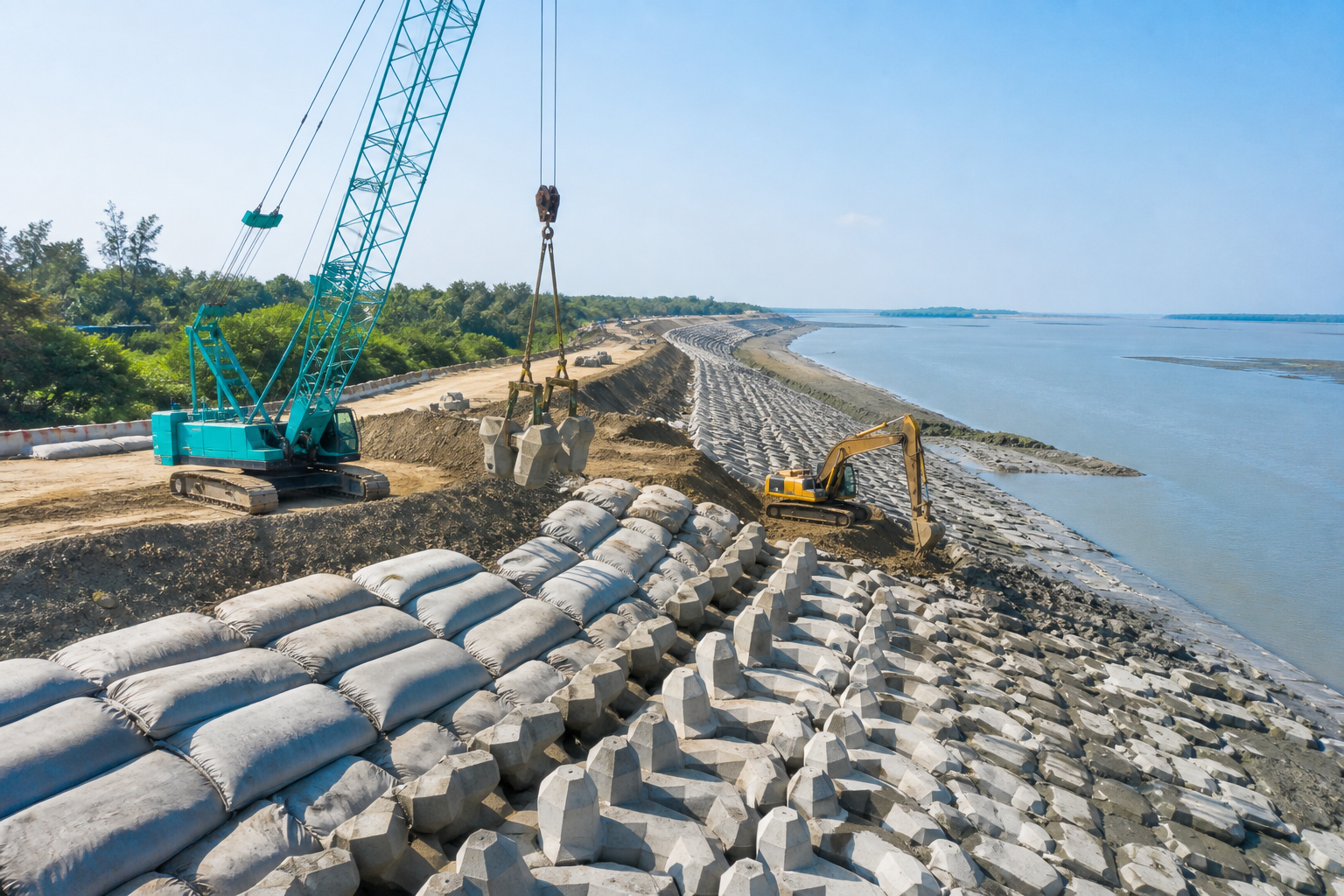 Representative CEIP-1 coastal protection works with crane, geobags and concrete armour blocks