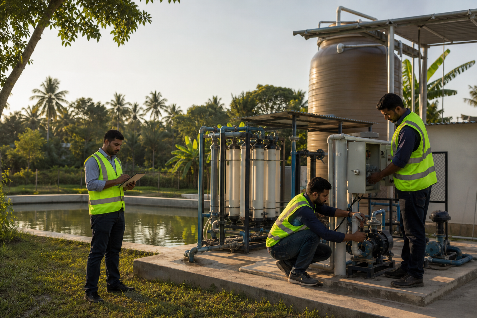 AI-generated representative view of field technicians maintaining a community water-treatment system