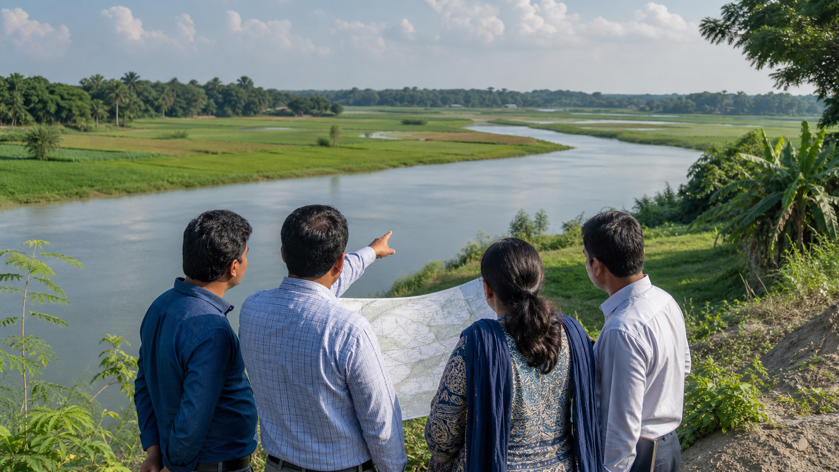 Representative water-resource planning visit beside a Bangladesh river and floodplain