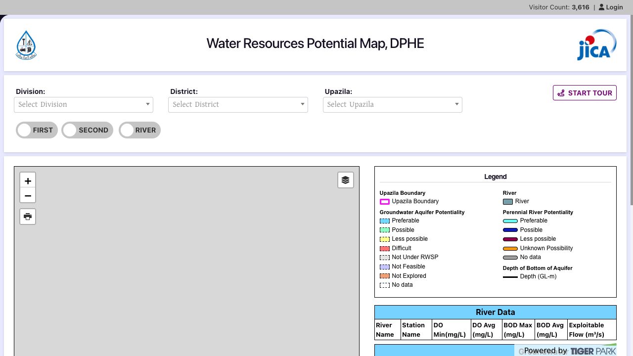 Public PICMaC Water Resources Potential Map interface with filters, map controls, legend and evidence tables