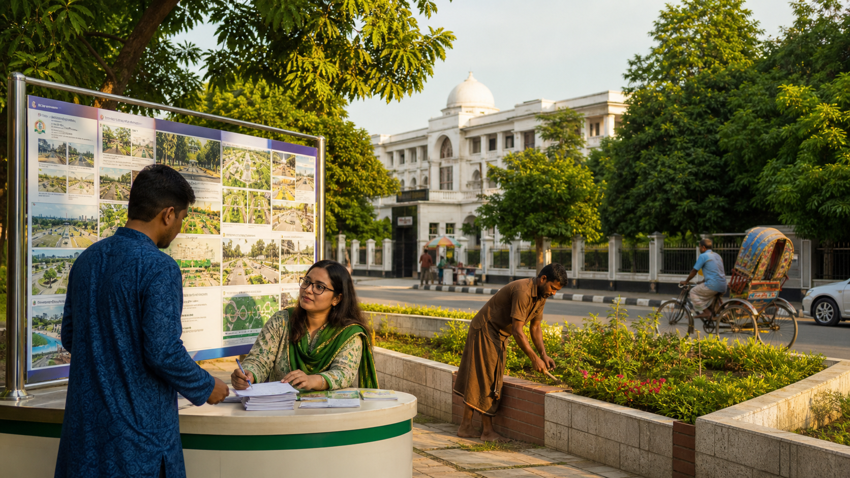 Representative Rajshahi city-service scene with a resident, service desk and civic care