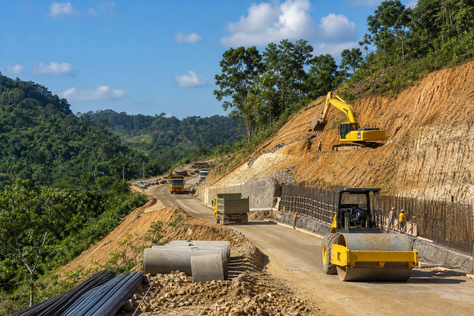 Representative hill-road construction with heavy machinery in Bangladesh