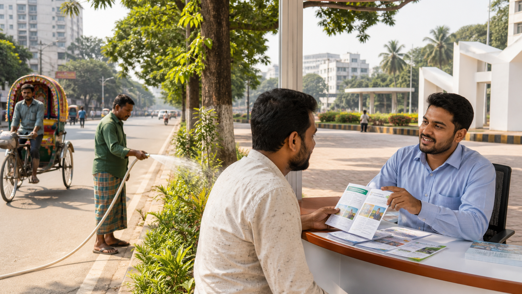 Representative Bangladesh public-service scene with a resident, service desk and street care
