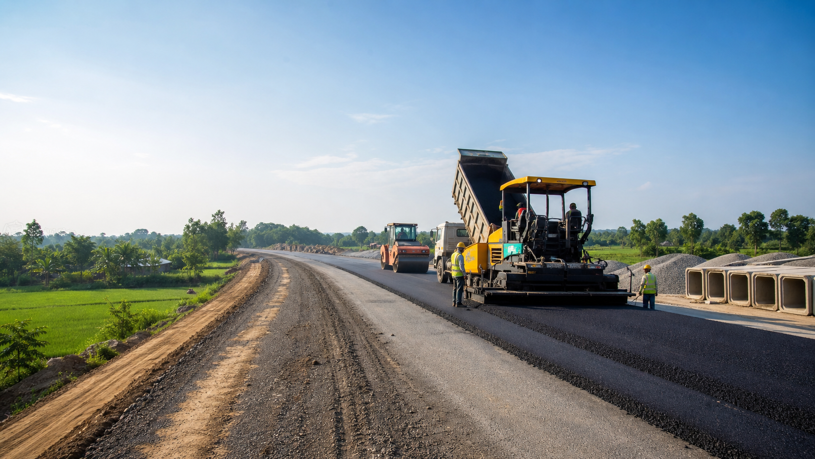 Representative Bangladesh road-construction project with paving machinery and civil-work materials