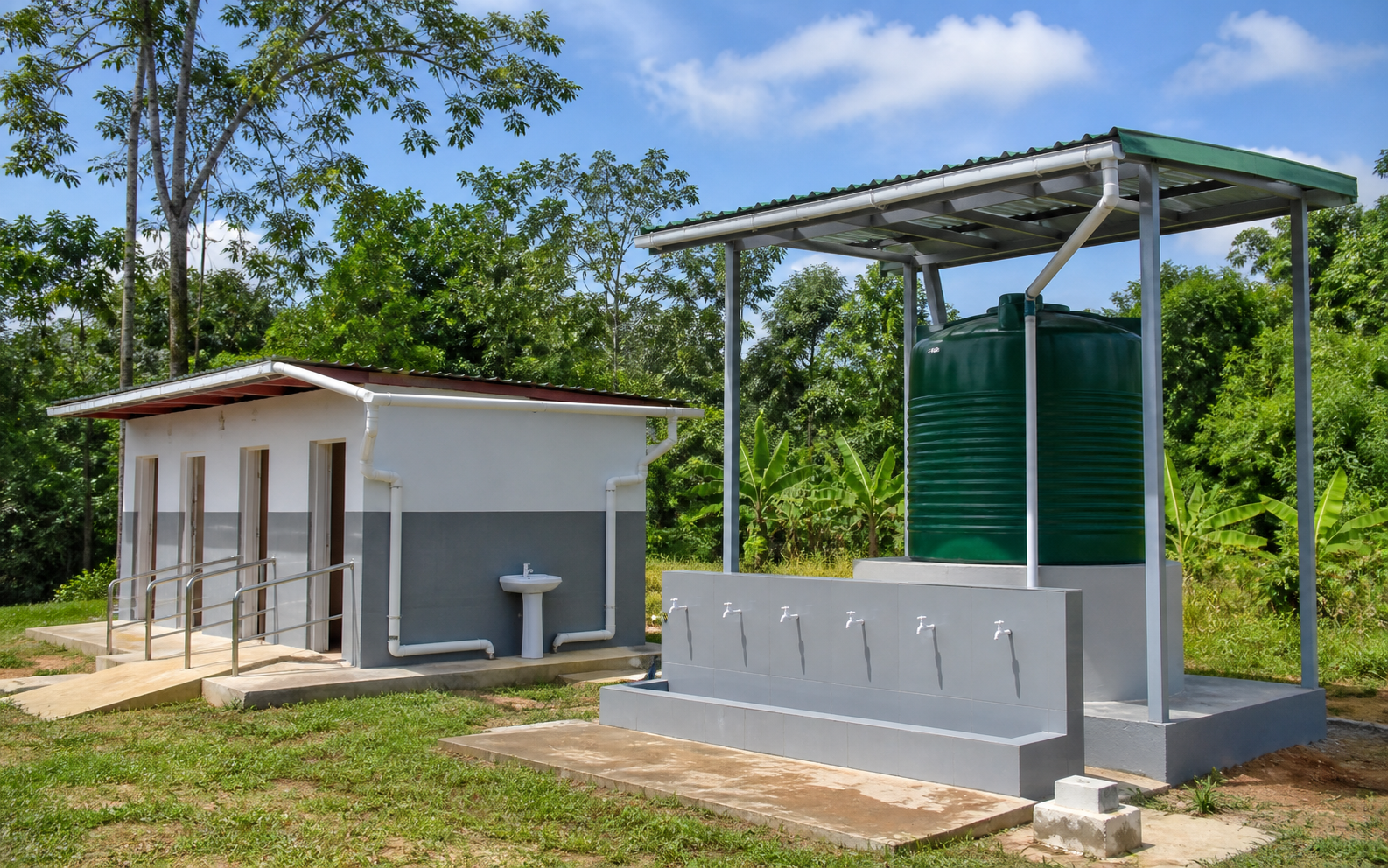 Representative community WASH facility with rainwater collection and handwashing taps